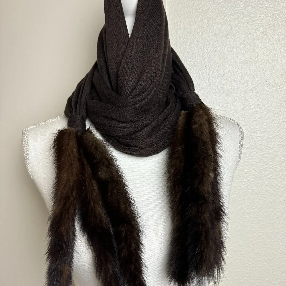 Scarf Dark Chocolate with  Real Mink Fur Long